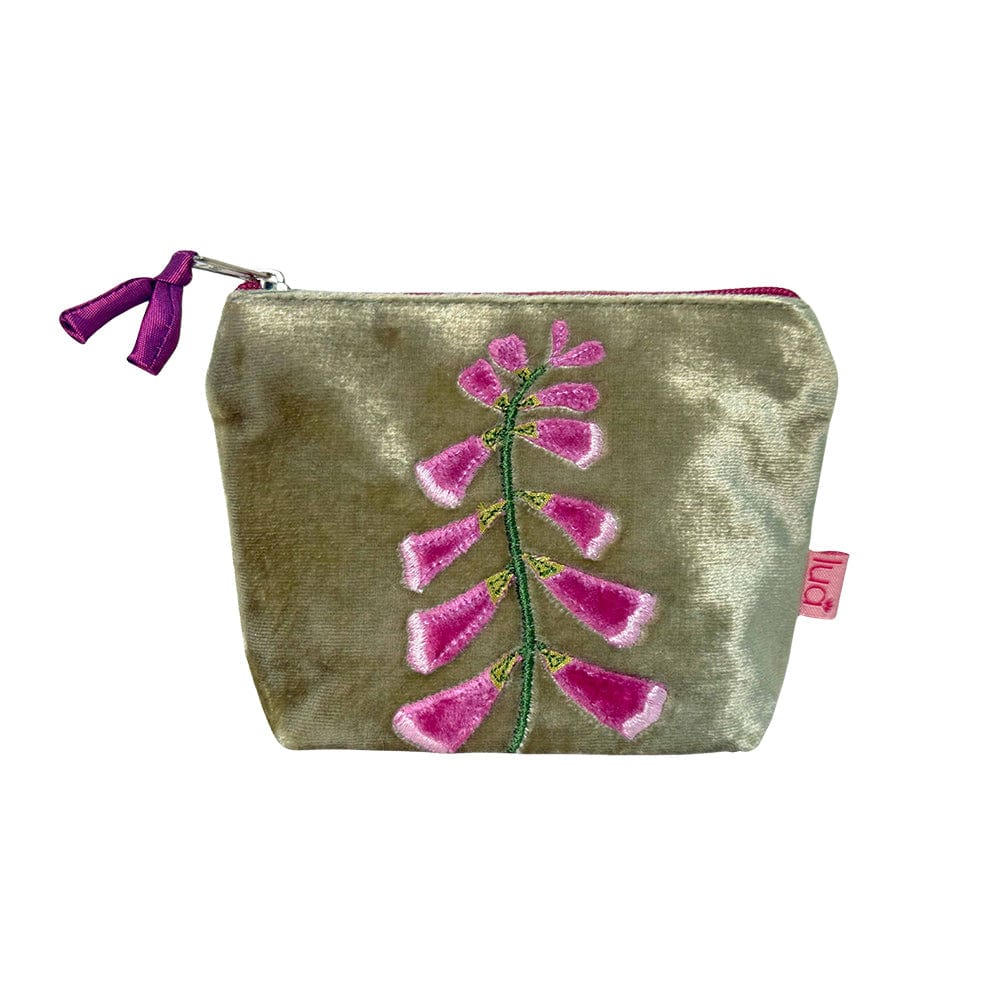 luscious scarves Purses Lua Green Velvet Mini Purse with an Embroidered Pink Foxglove Design.
