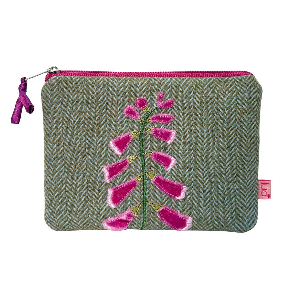 luscious scarves Purses Lua Large Green Herringbone Purse with a Pink Velvet Foxglove Design.
