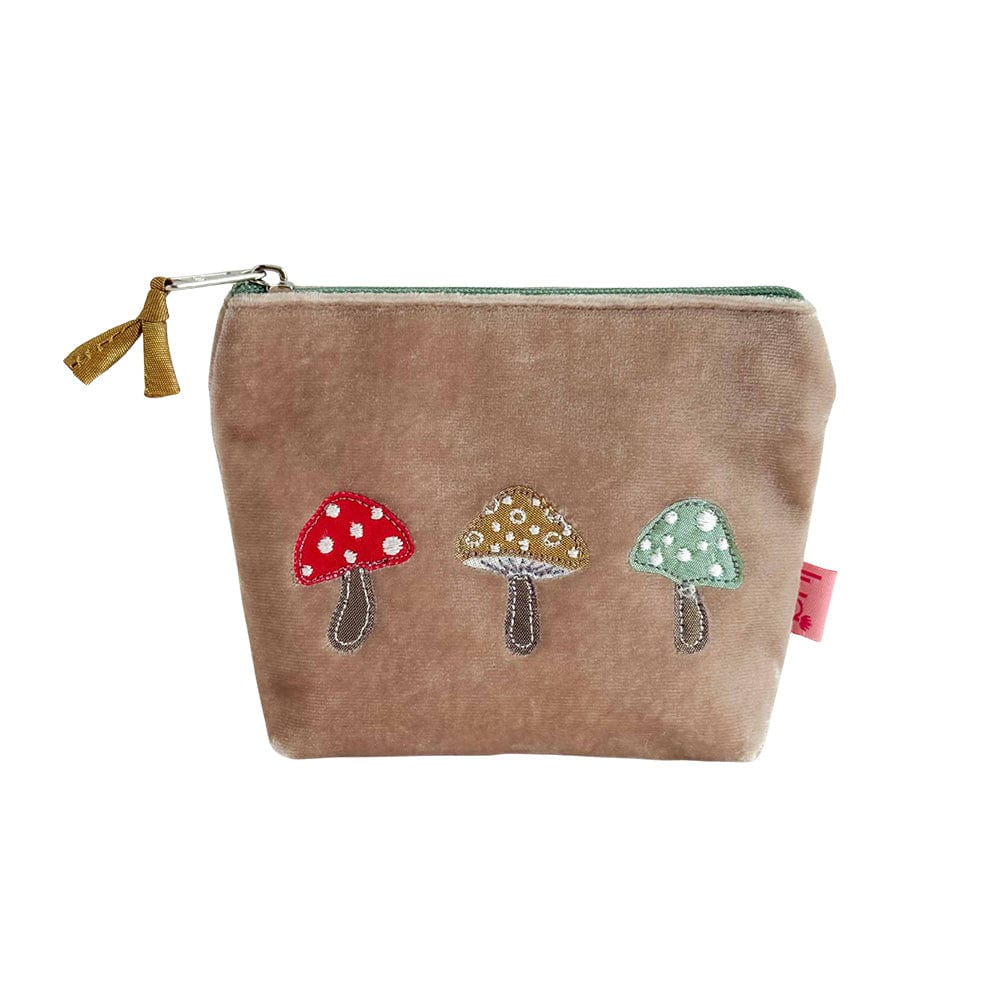 luscious scarves Purses Lua Pale Mink Velvet Mini Purse with a Trio of Mushrooms Design.