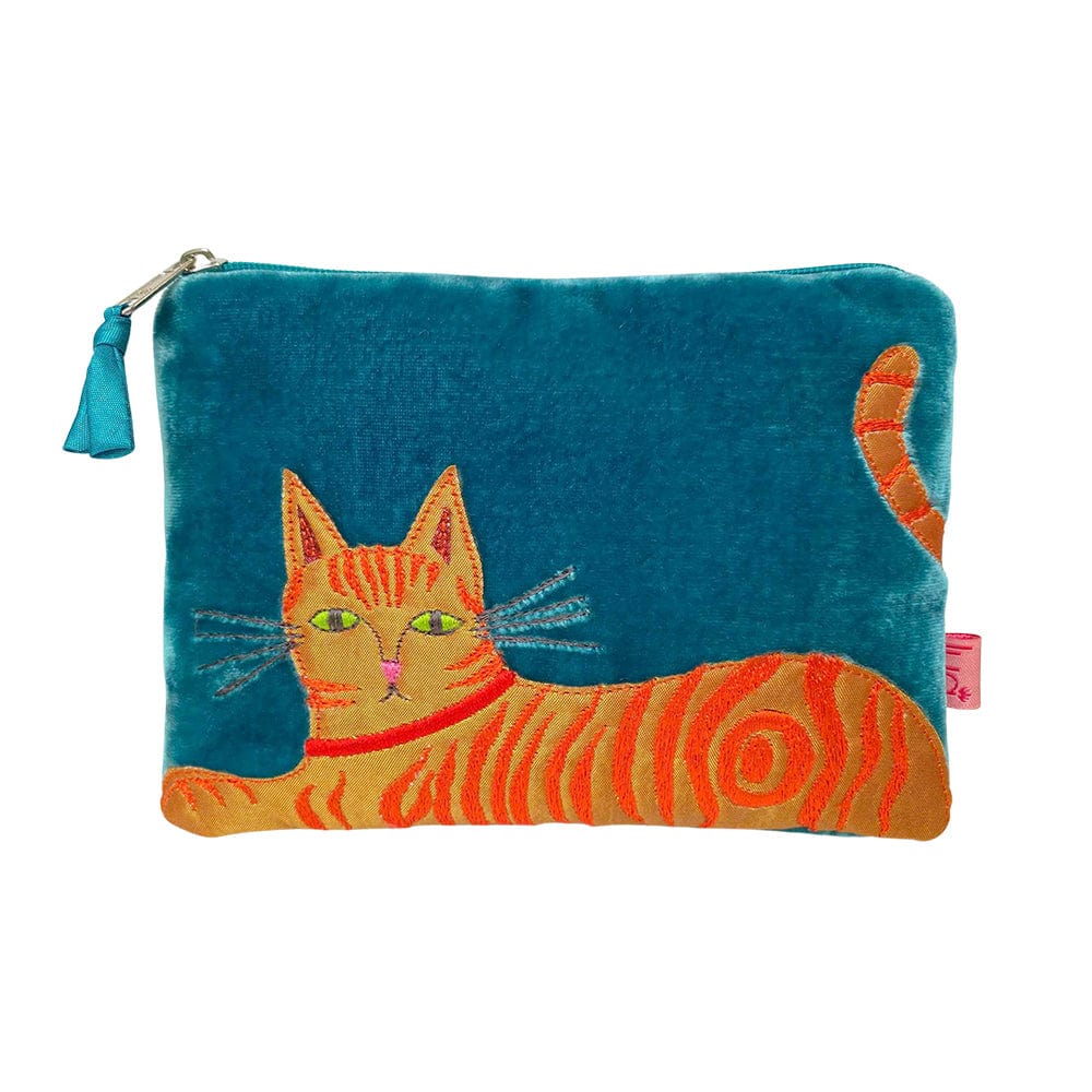 luscious scarves Purses Lua Teal Blue Purse with an Embroidered / Applique Ginger Cat Design.