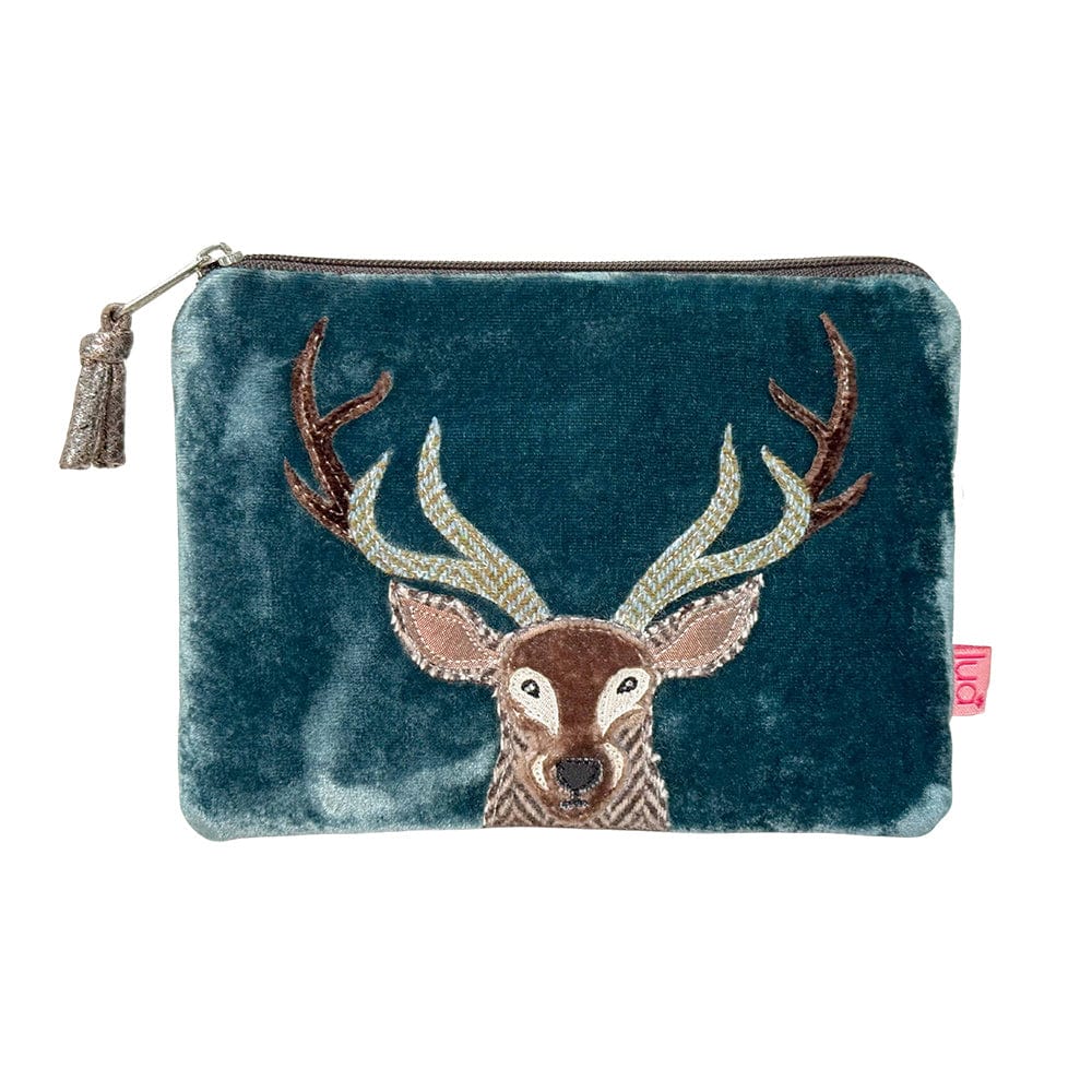 luscious scarves Purses Lua Teal Velvet and Herringbone Large Zip Purse with a Stag Design.