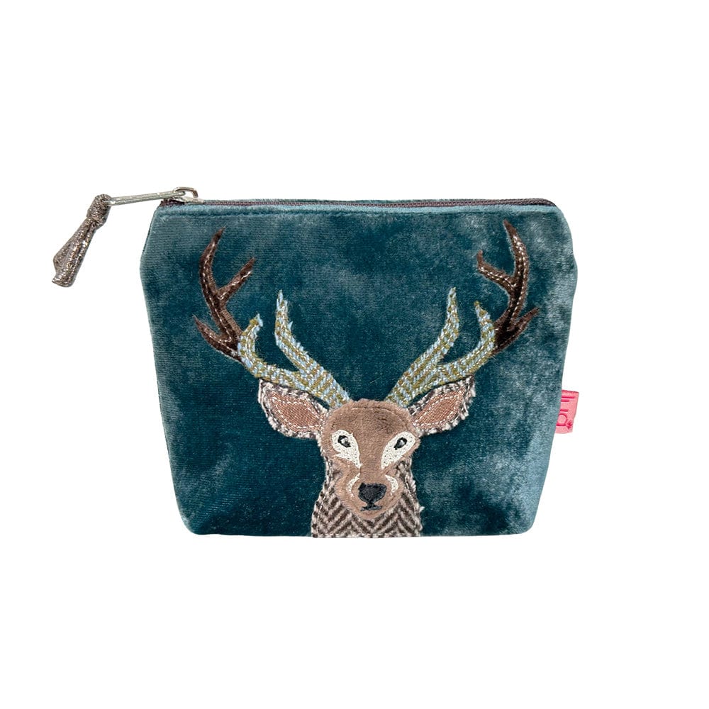 luscious scarves Purses Lua Teal Velvet Mini Purse with an Applique Stag Design.