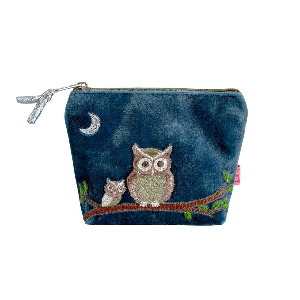 luscious scarves Purses Lua Teal Velvet Purse with an Embroidered Owl Design .