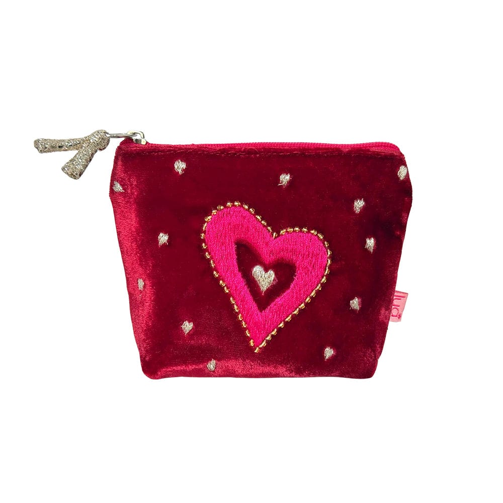luscious scarves Purses Lua Velvet Deep Red Mini Purse with an Embroidered Heart Design.