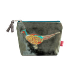 Load image into Gallery viewer, luscious scarves Purses Moss Green Lua Small Velvet Coin Purse with an Embroidered Pheasants Design
