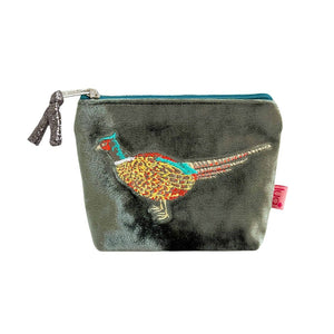 luscious scarves Purses Moss Green Lua Small Velvet Coin Purse with an Embroidered Pheasants Design