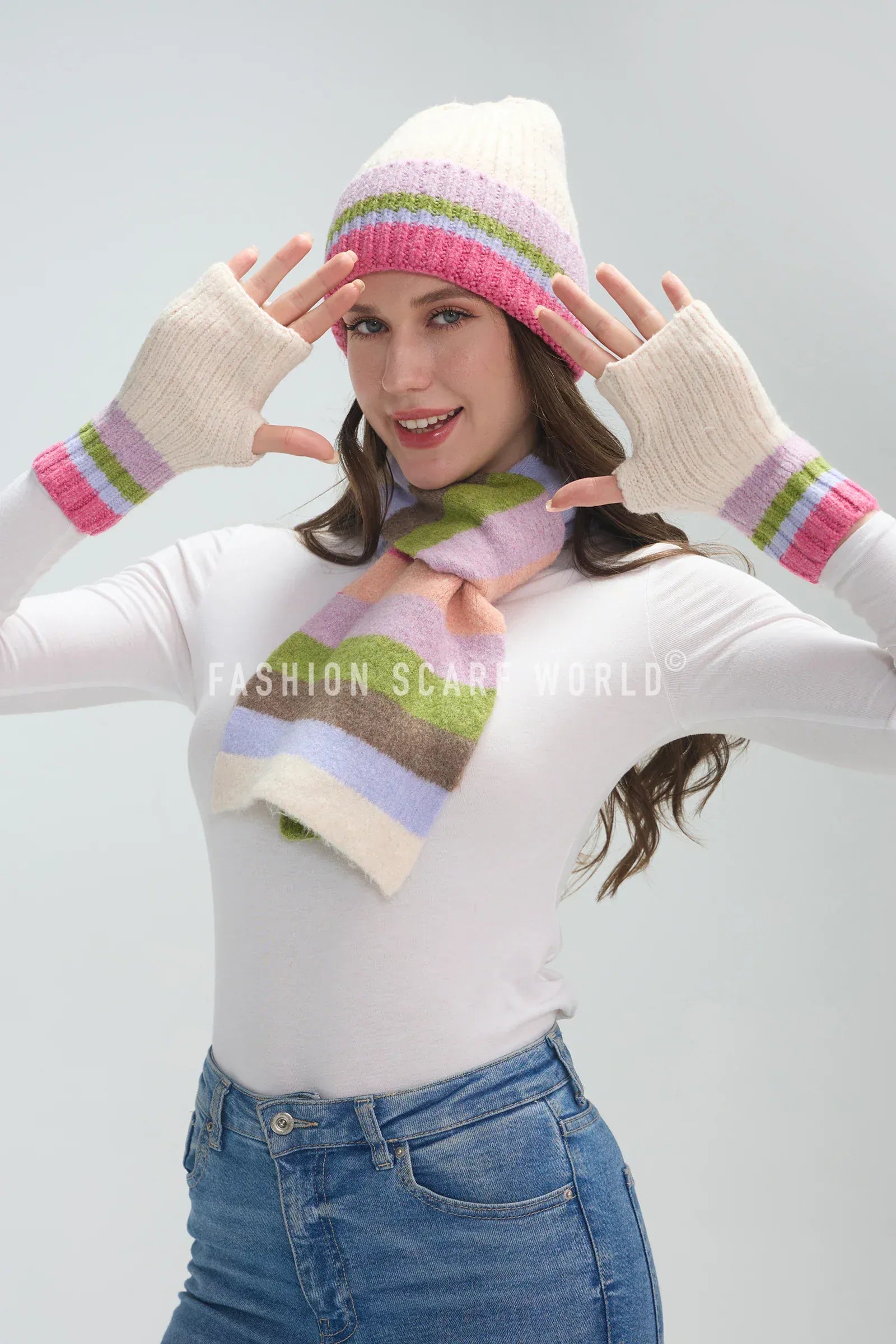 luscious scarves Rainbow Stripe Wool Blend Hat, Scarf & Fingerless Glove Set