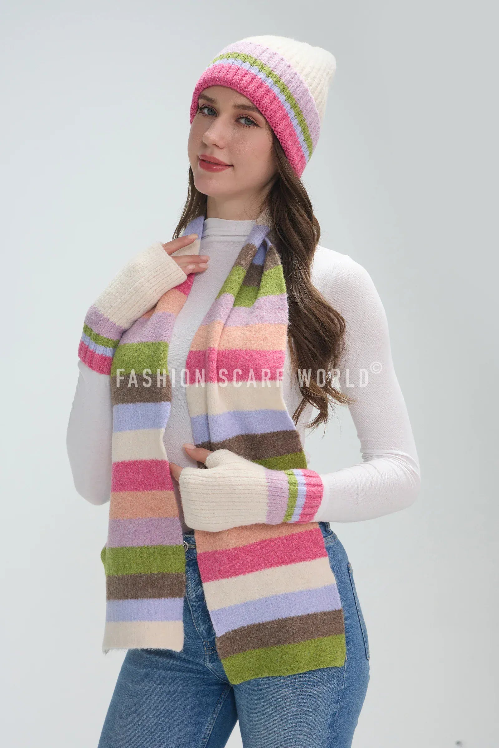 luscious scarves Rainbow Stripe Wool Blend Hat, Scarf & Fingerless Glove Set