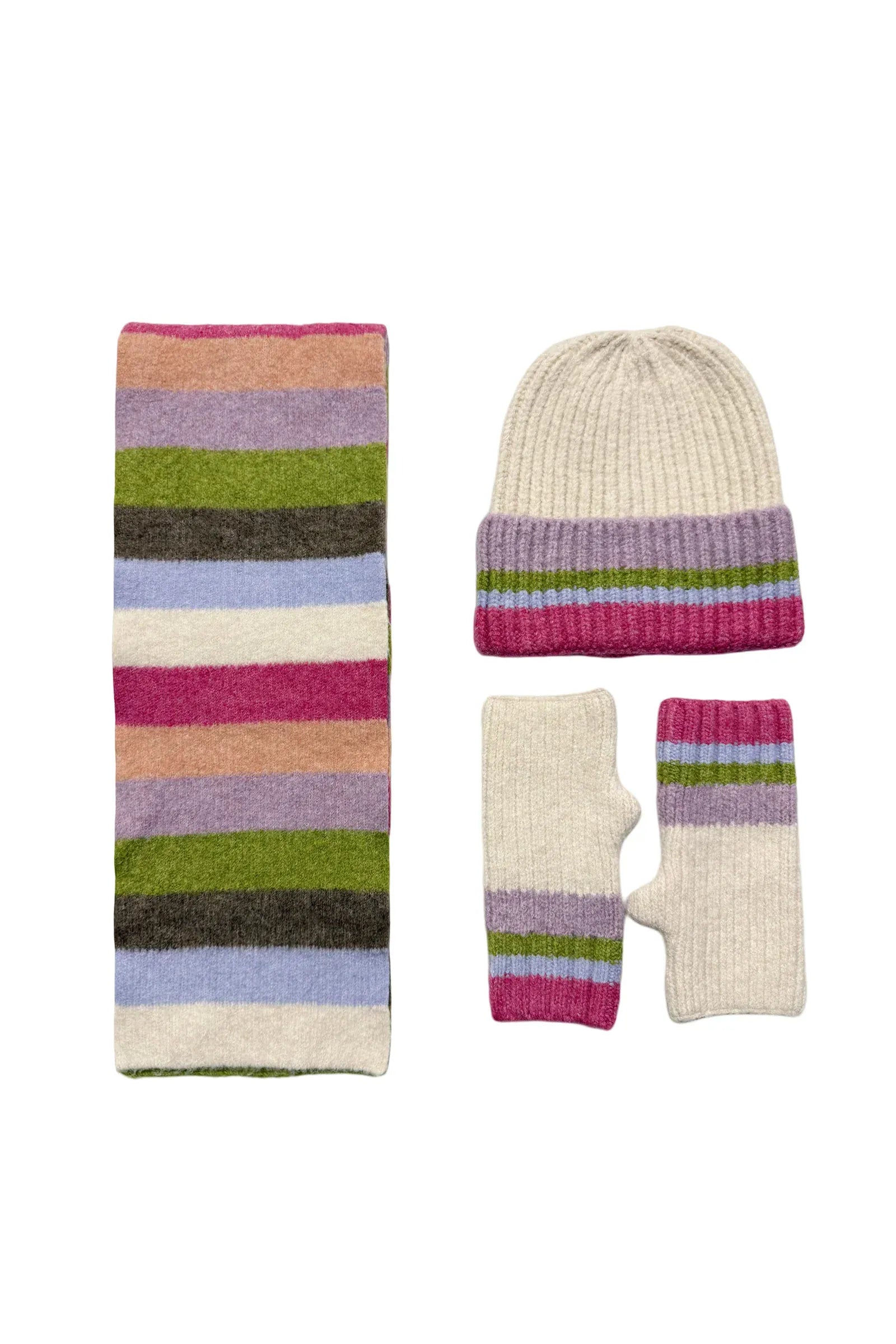 luscious scarves Rainbow Stripe Wool Blend Hat, Scarf & Fingerless Glove Set