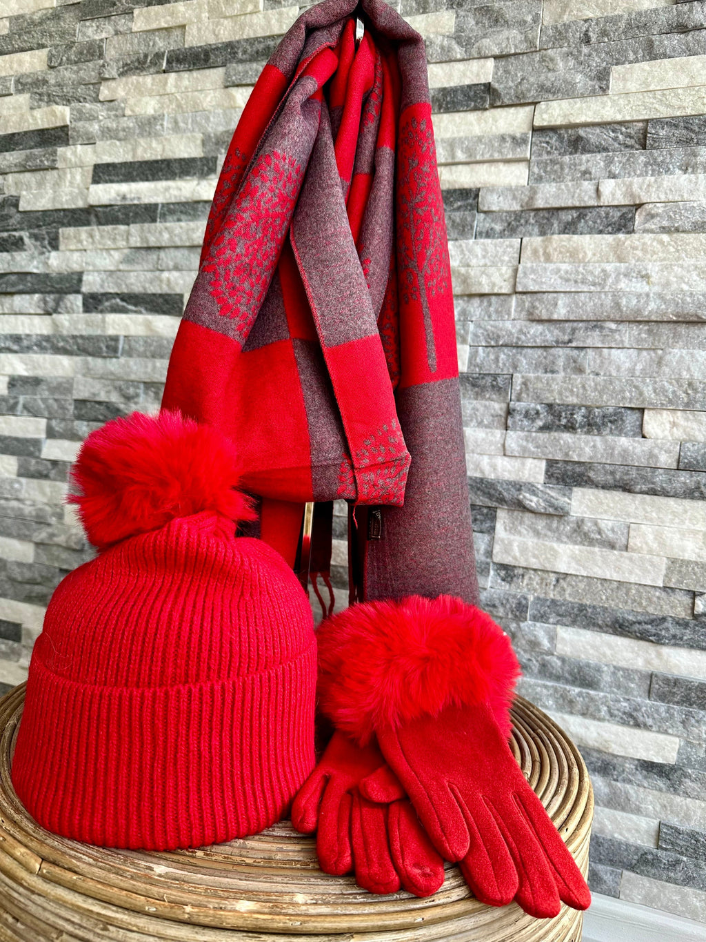 luscious scarves Red Cashmere Blend Mulberry Tree Scarf , Hat and Gloves Set
