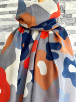 Load image into Gallery viewer, luscious scarves Red Cuckoo Floral Splodge Scarf, Grey, Navy, Mustard and Orange
