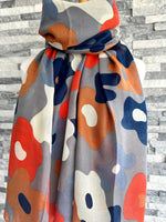 Load image into Gallery viewer, luscious scarves Red Cuckoo Floral Splodge Scarf, Grey, Navy, Mustard and Orange
