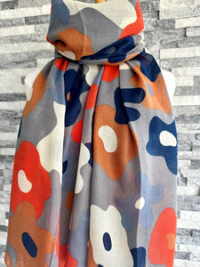 luscious scarves Red Cuckoo Floral Splodge Scarf, Grey, Navy, Mustard and Orange