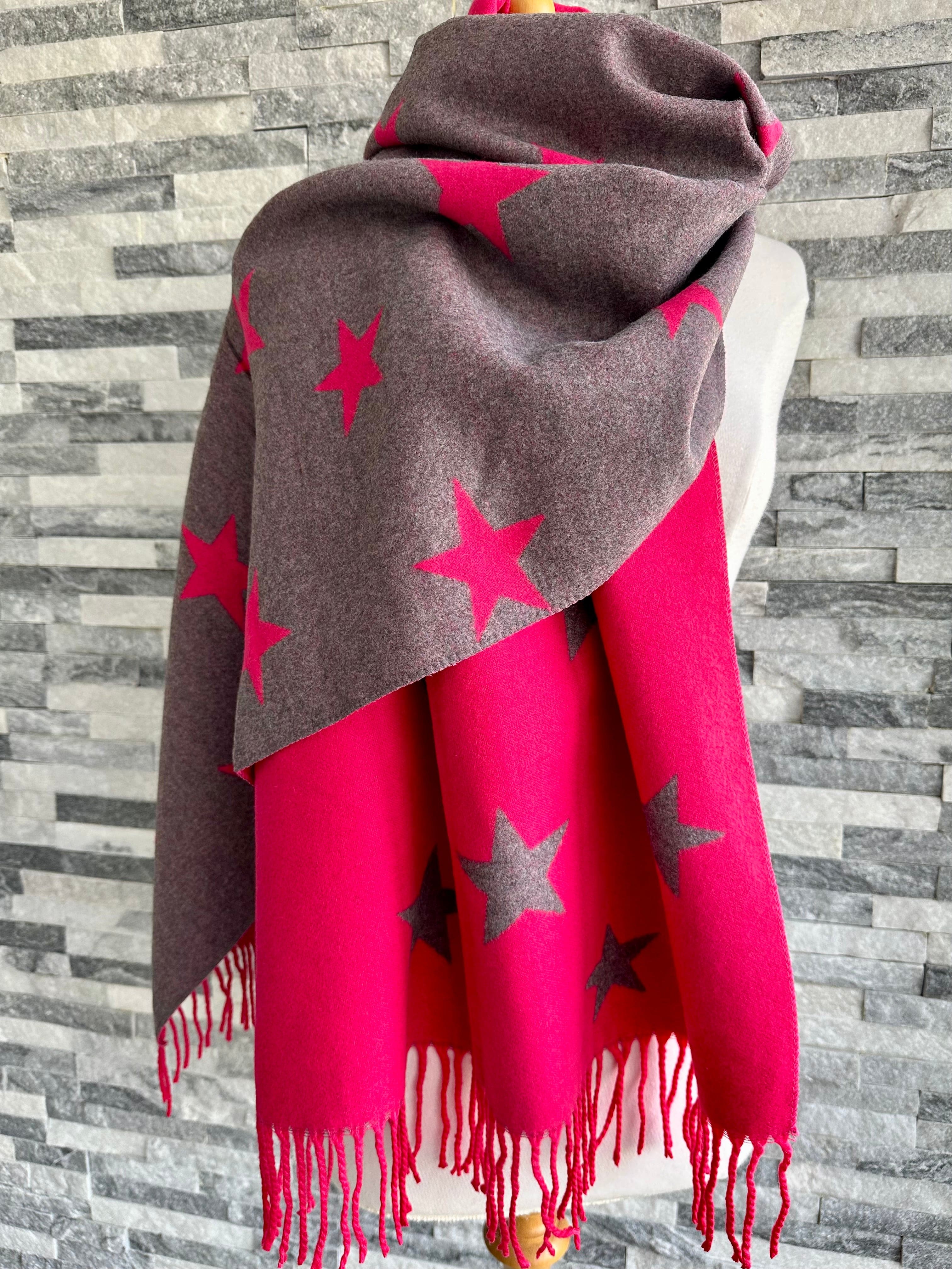luscious scarves Reversible Hot Pink and Grey Stars Scarf/Shawl Cashmere Blend