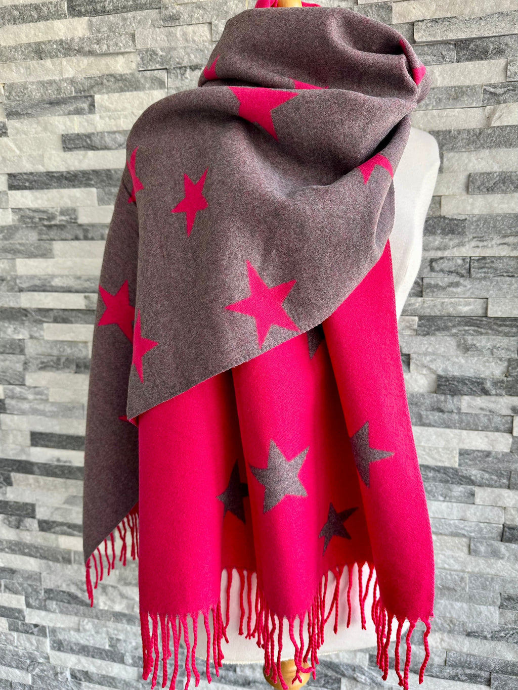 luscious scarves Reversible Hot Pink and Grey Stars Scarf/Shawl Cashmere Blend