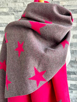 Load image into Gallery viewer, luscious scarves Reversible Hot Pink and Grey Stars Scarf/Shawl Cashmere Blend
