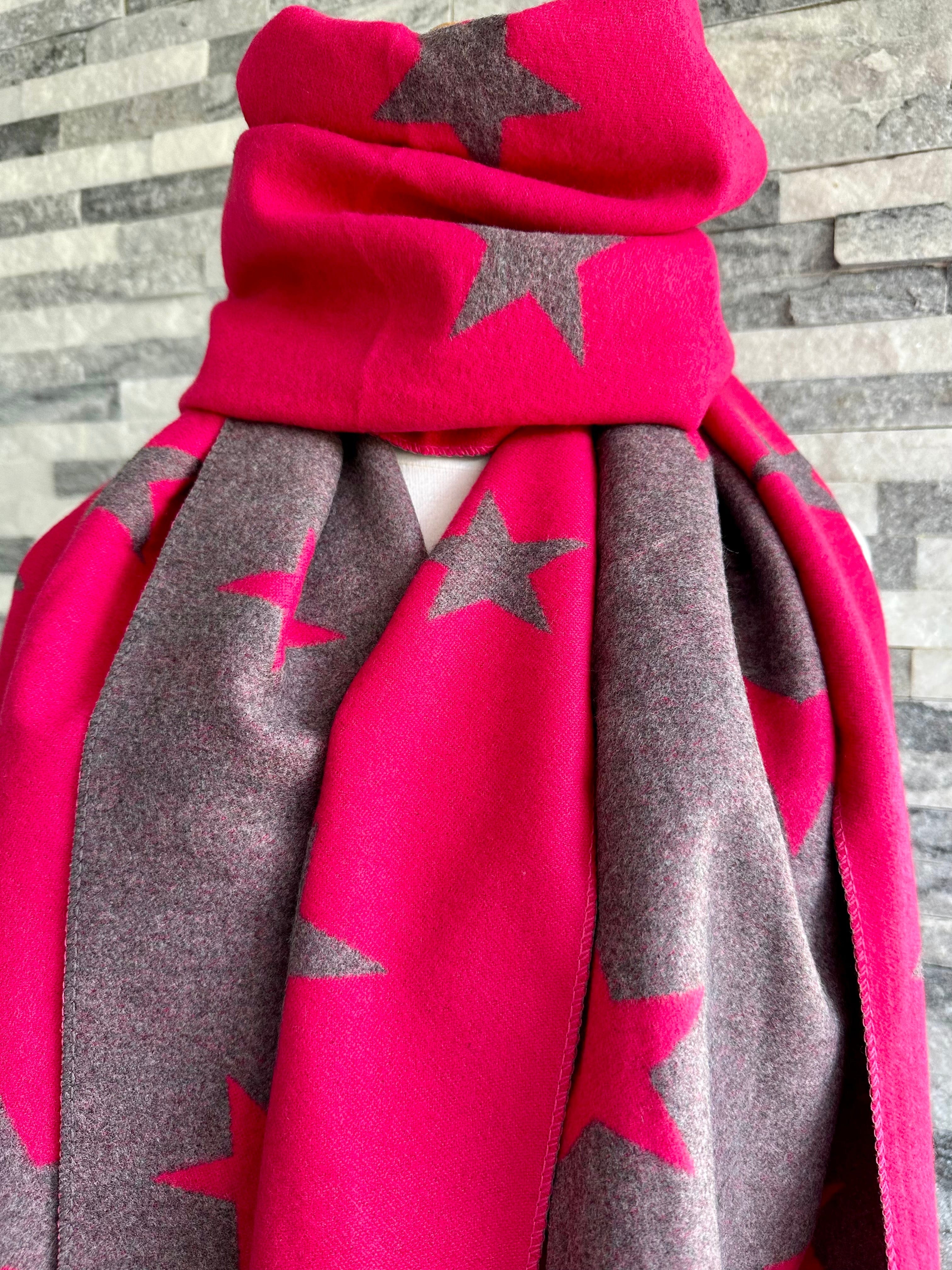 luscious scarves Reversible Hot Pink and Grey Stars Scarf/Shawl Cashmere Blend