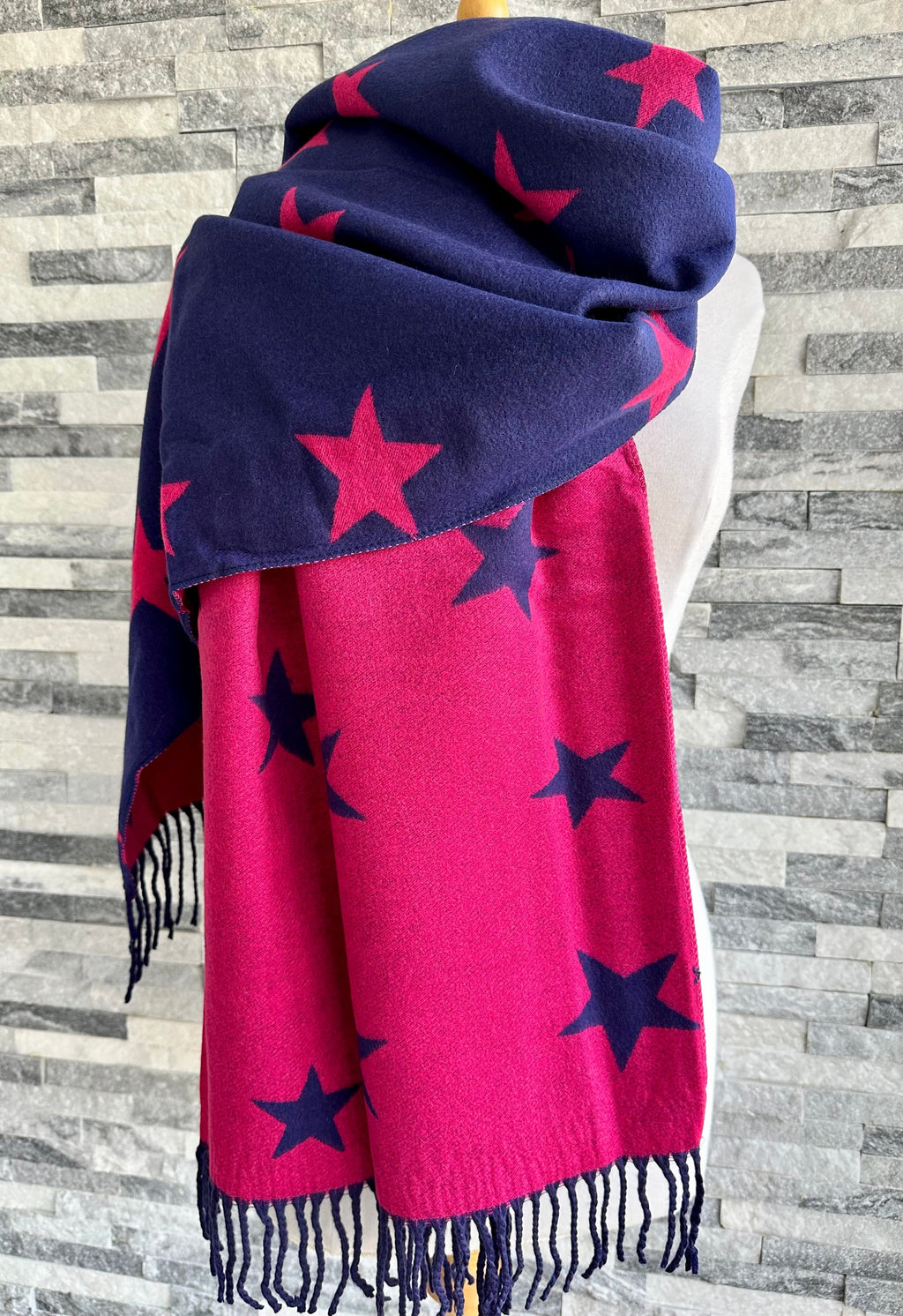 luscious scarves Reversible Hot Pink and Navy Blue Stars Scarf/Shawl Cashmere Blend
