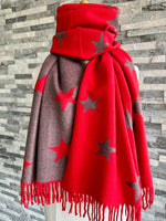 Load image into Gallery viewer, luscious scarves Reversible Red and Grey Stars Scarf/Shawl Cashmere Blend
