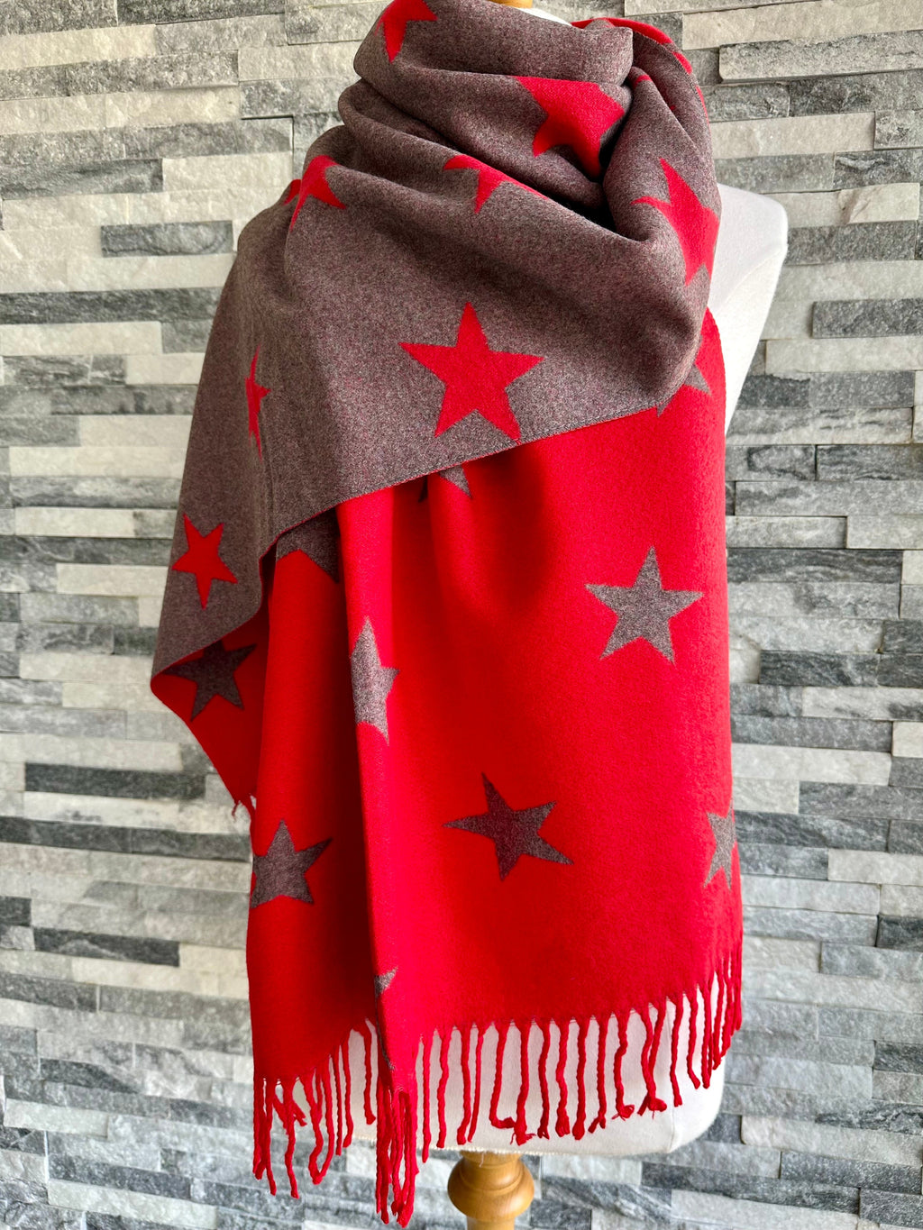 luscious scarves Reversible Red and Grey Stars Scarf/Shawl Cashmere Blend