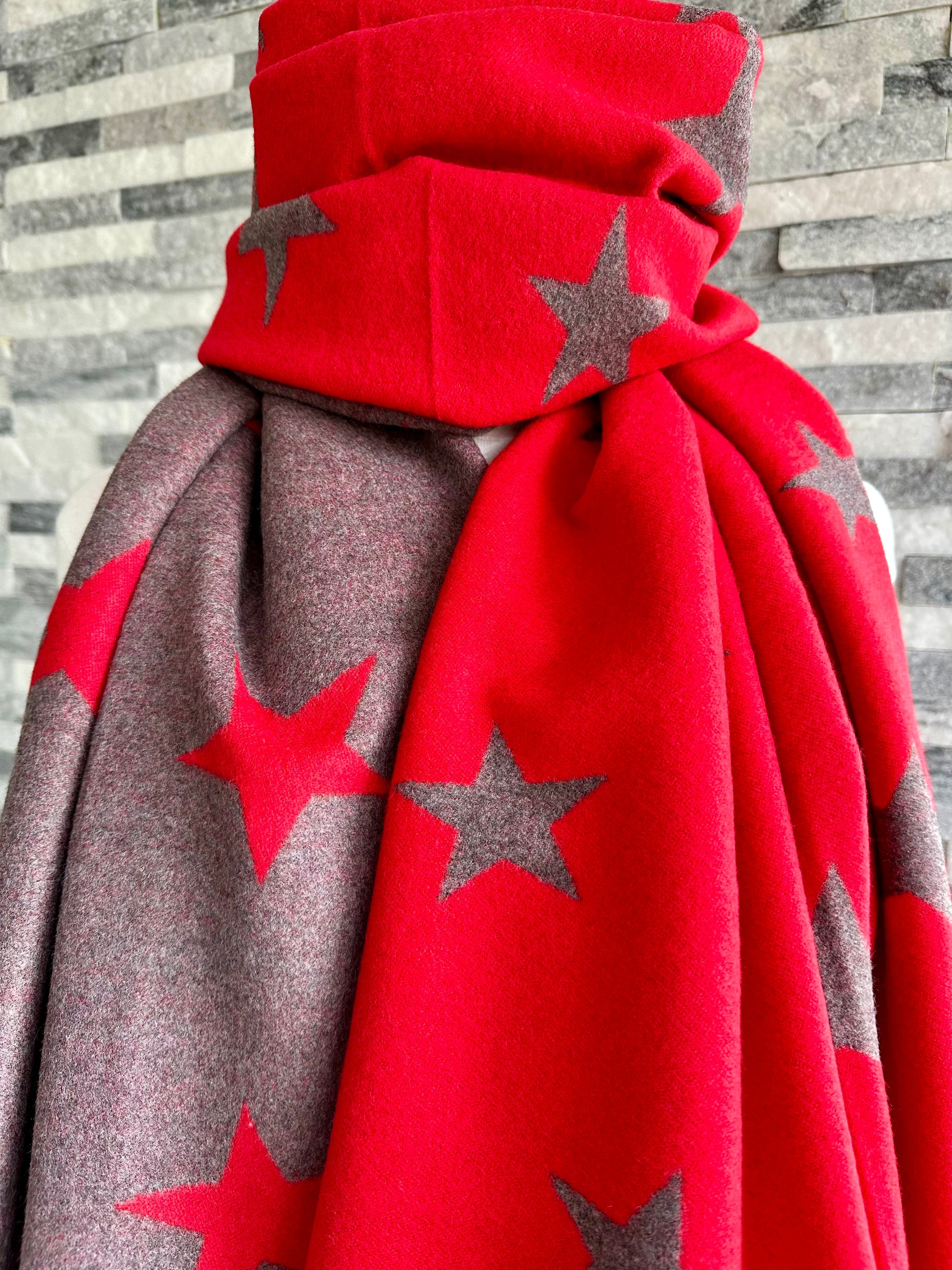 luscious scarves Reversible Red and Grey Stars Scarf/Shawl Cashmere Blend