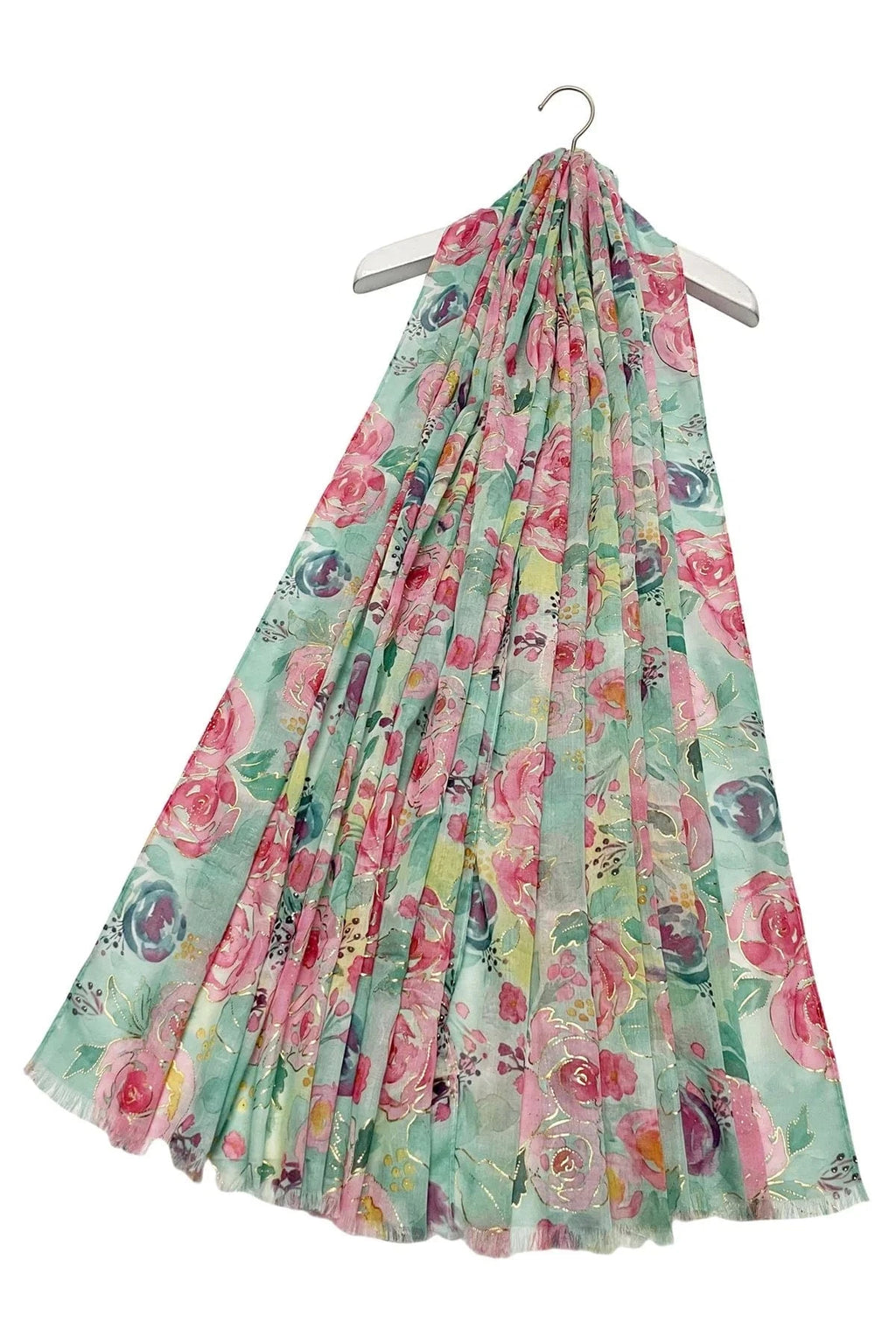luscious scarves scarf Ladies Delicate Rose Foiled Printed Light Weight Scarf. Aqua and Pink.