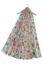 Load image into Gallery viewer, luscious scarves scarf Ladies Delicate Rose Foiled Printed Light Weight Scarf. Aqua and Pink.
