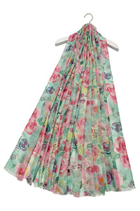 luscious scarves scarf Ladies Delicate Rose Foiled Printed Light Weight Scarf. Aqua and Pink.