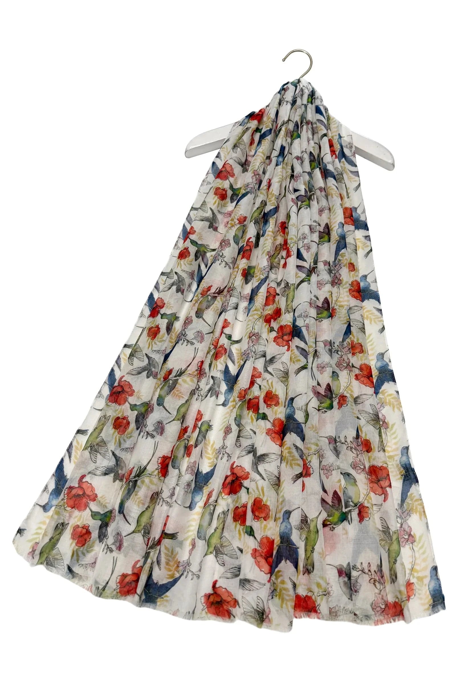 luscious scarves scarf Ladies Hummingbird and Floral Print Light Weight Scarf , White, Red, Navy and Green.