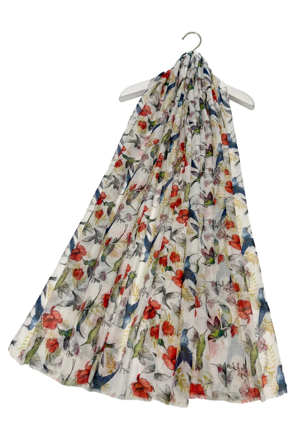 luscious scarves scarf Ladies Hummingbird and Floral Print Light Weight Scarf , White, Red, Navy and Green.