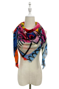 luscious scarves scarf Ladies Picasso Inspired Abstract Faces Print Square Light Weight Scarf Blue, Mustard, Red and Pink