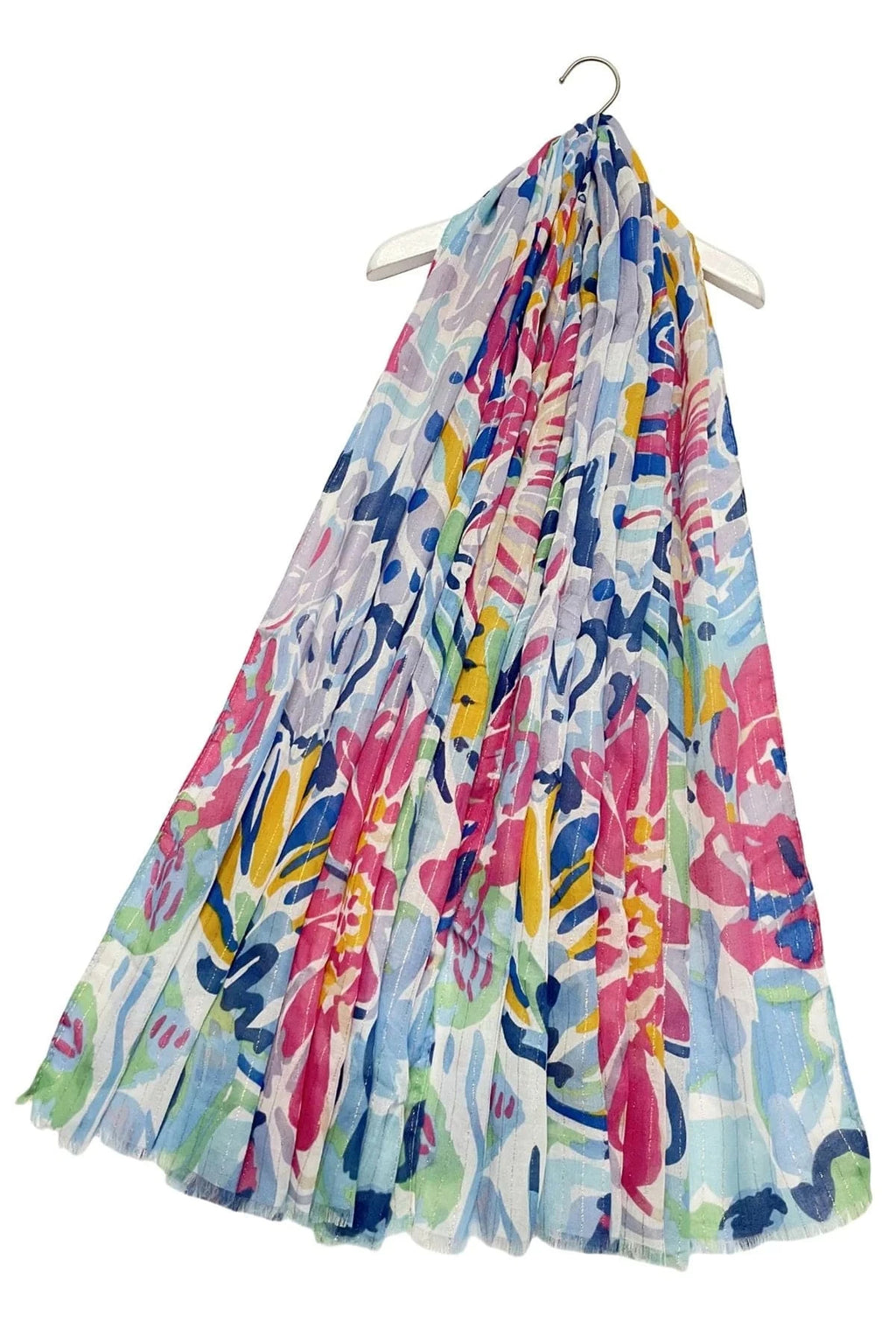 luscious scarves Scarves Ladies Bold Floral & Metallic Thread Print Light Weight Scarf, Blue, Yellow and Pink