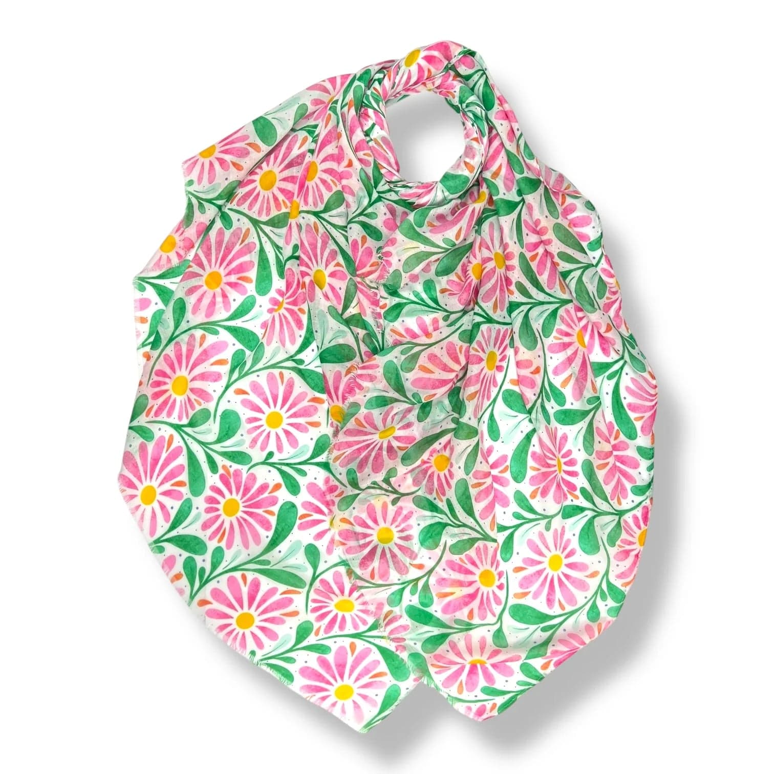 luscious scarves Scarves Pink and Green Daisy and Leaves Print Scarf, Light Weight