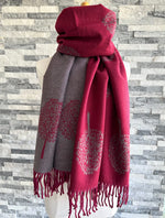 Load image into Gallery viewer, luscious scarves Scarves &amp; Shawls Burgundy and Grey Reversible Mulberry Tree Scarf , Wrap , Cashmere Blend
