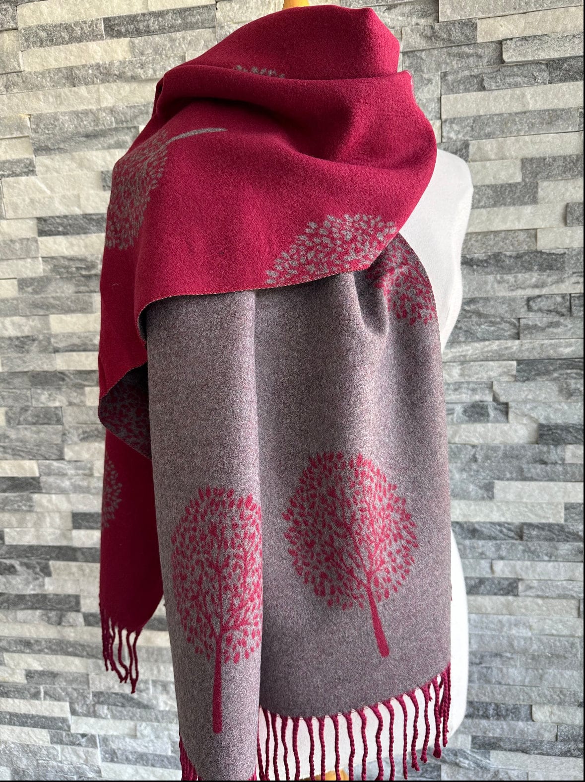 luscious scarves Scarves & Shawls Burgundy and Grey Reversible Mulberry Tree Scarf , Wrap , Cashmere Blend