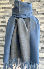 Load image into Gallery viewer, luscious scarves Scarves &amp; Shawls Denim Blue and Grey Reversible Mulberry Tree Scarf , Wrap , Cashmere Blend
