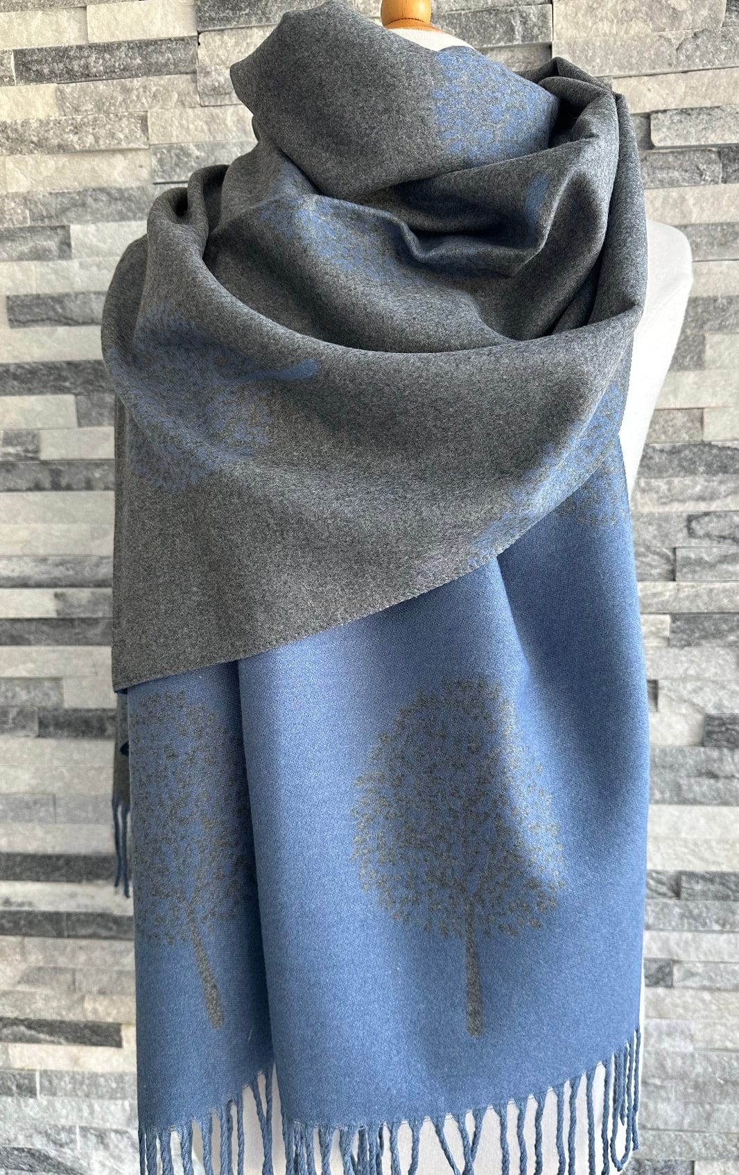 luscious scarves Scarves & Shawls Denim Blue and Grey Reversible Mulberry Tree Scarf , Wrap , Cashmere Blend