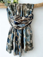 Load image into Gallery viewer, luscious scarves Scarves &amp; Shawls Grey/Beige/Blue Red Cuckoo Large Leaves Medium Weight Scarf.
