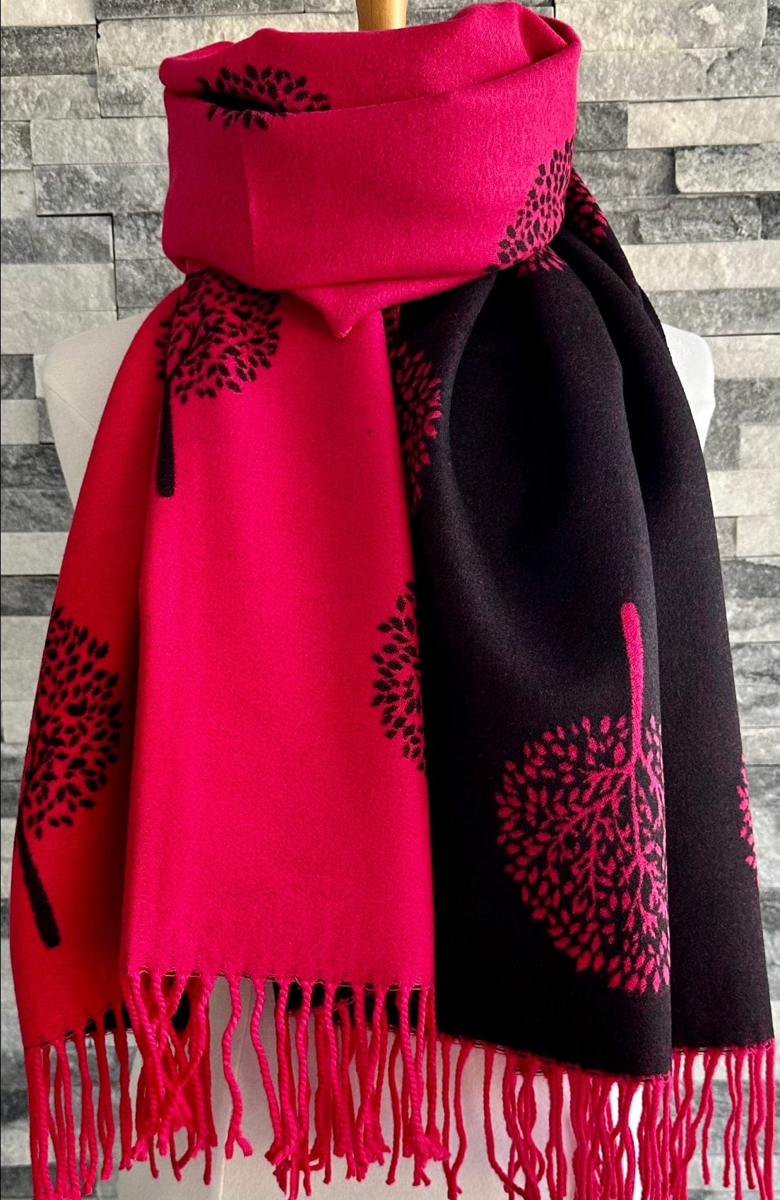 luscious scarves Scarves & Shawls Hot Pink and Black Reversible Mulberry Tree Scarf , Wrap , Cashmere Blend