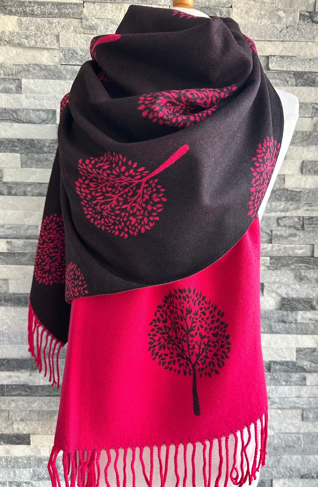 luscious scarves Scarves & Shawls Hot Pink and Black Reversible Mulberry Tree Scarf , Wrap , Cashmere Blend