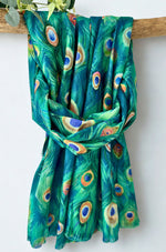 Load image into Gallery viewer, luscious scarves Scarves &amp; Shawls Ladies Medium Weight Peacocks Feathers Design Scarf, Green.
