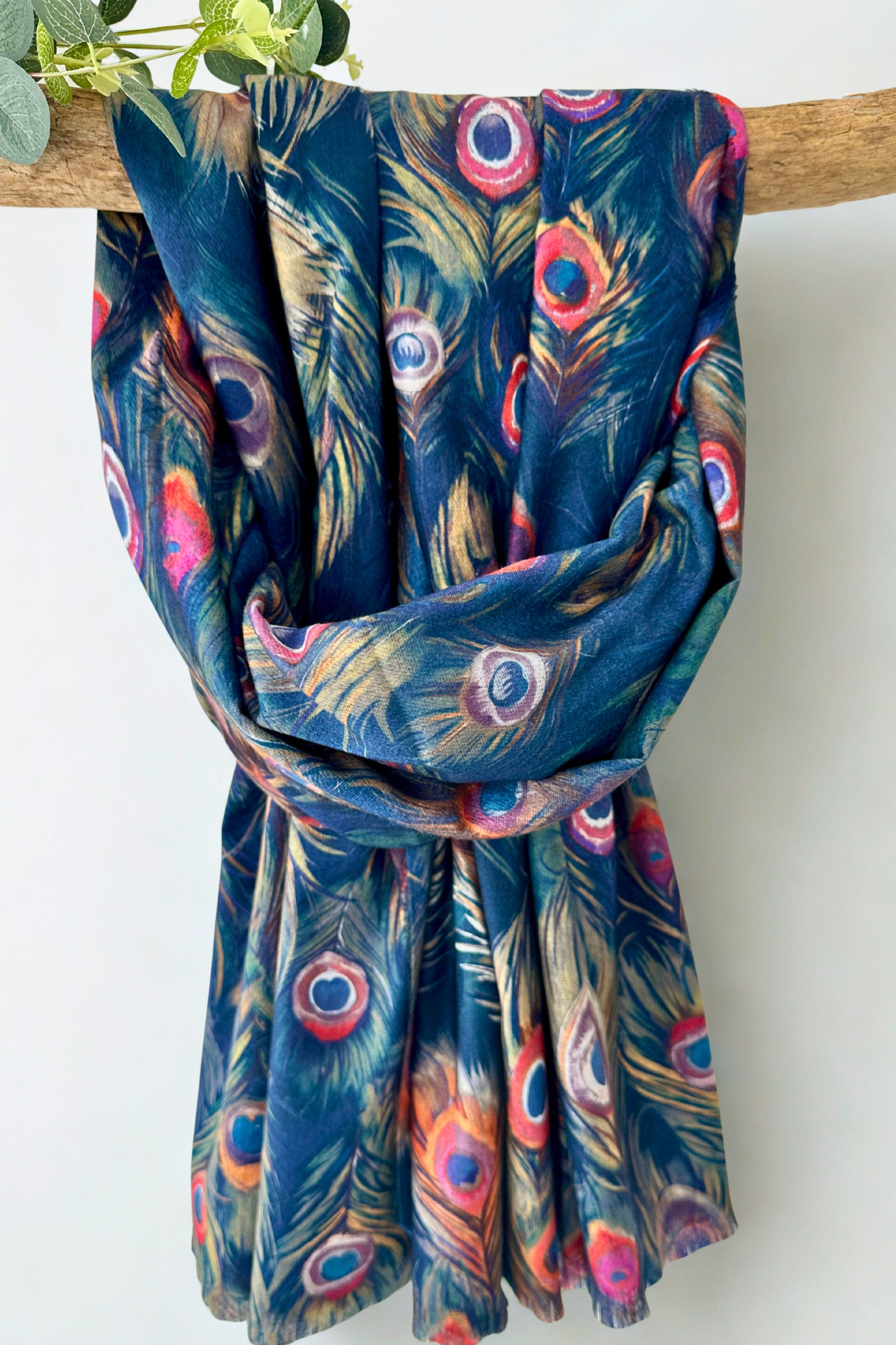 luscious scarves Scarves & Shawls Ladies Medium Weight Peacocks Feathers Design Scarf, Navy.