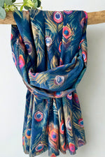 Load image into Gallery viewer, luscious scarves Scarves &amp; Shawls Ladies Medium Weight Peacocks Feathers Design Scarf, Navy.

