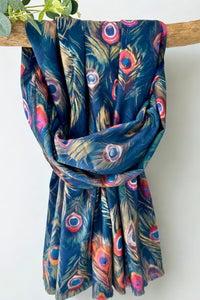 luscious scarves Scarves & Shawls Ladies Medium Weight Peacocks Feathers Design Scarf, Navy.
