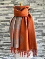 Load image into Gallery viewer, luscious scarves Scarves &amp; Shawls Orange and Pale Grey Reversible Mulberry Tree Scarf , Wrap , Cashmere Blend
