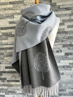 Load image into Gallery viewer, luscious scarves Scarves &amp; Shawls Pale Blue and Grey Reversible Mulberry Tree Scarf , Wrap , Cashmere Blend
