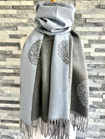 Load image into Gallery viewer, luscious scarves Scarves &amp; Shawls Pale Blue and Grey Reversible Mulberry Tree Scarf , Wrap , Cashmere Blend
