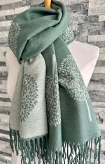 Load image into Gallery viewer, luscious scarves Scarves &amp; Shawls Sage Green and Grey Reversible Mulberry Tree Scarf , Wrap , Cashmere Blend
