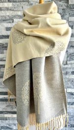 Load image into Gallery viewer, luscious scarves Scarves &amp; Shawls Vanilla Yellow and Grey Reversible Mulberry Tree Scarf , Wrap , Cashmere Blend
