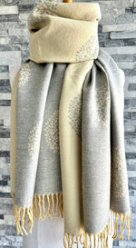 Load image into Gallery viewer, luscious scarves Scarves &amp; Shawls Vanilla Yellow and Grey Reversible Mulberry Tree Scarf , Wrap , Cashmere Blend
